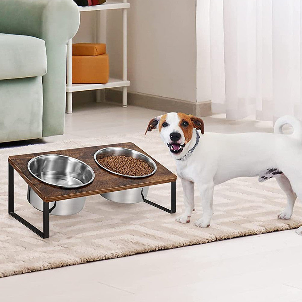 Stylish Log Pet Feeding Rack with Durable Iron Wood Bowls