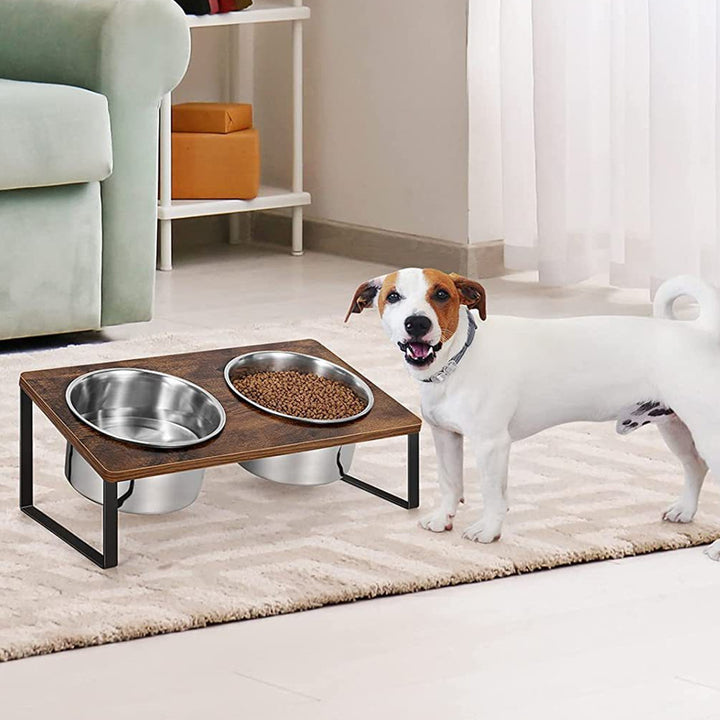 Stylish Log Pet Feeding Rack with Durable Iron Wood Bowls
