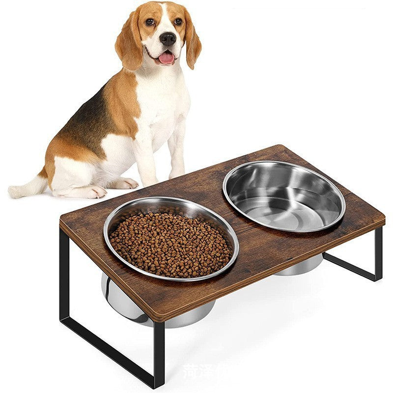 Stylish Log Pet Feeding Rack with Durable Iron Wood Bowls