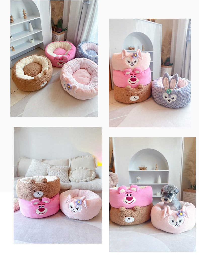 Cartoon Plush Pet Nest Round Bed For All Season Comfort