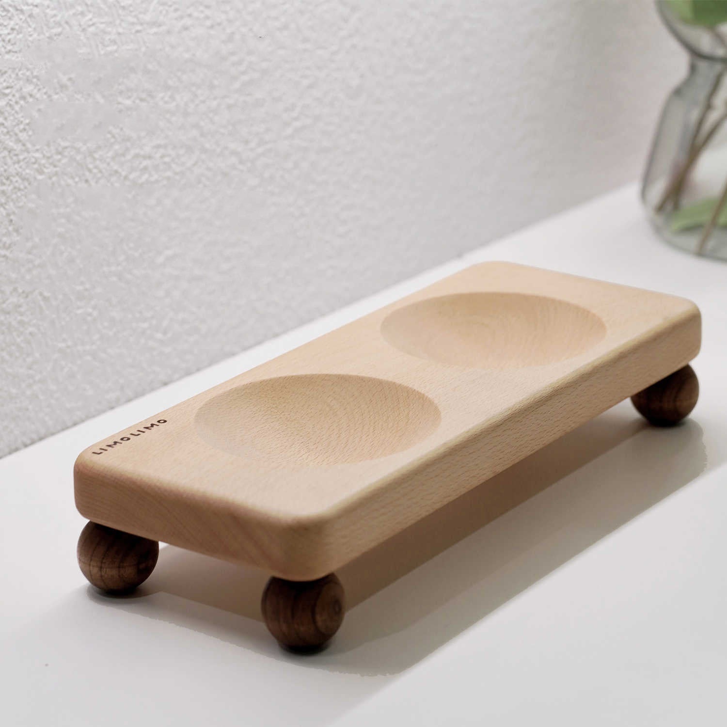 Solid Wood Stand Ceramic Pet Feeding Bowl Set
