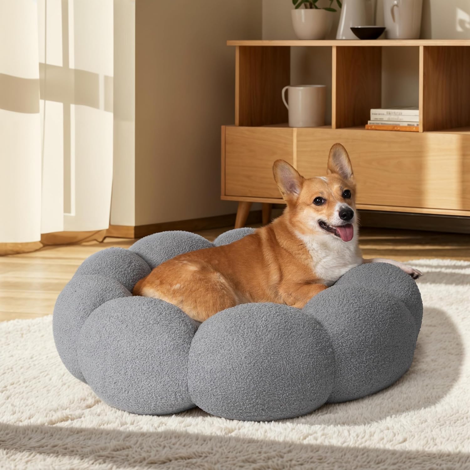 Pet Fluffy Flower Plush Donut Calming Bed