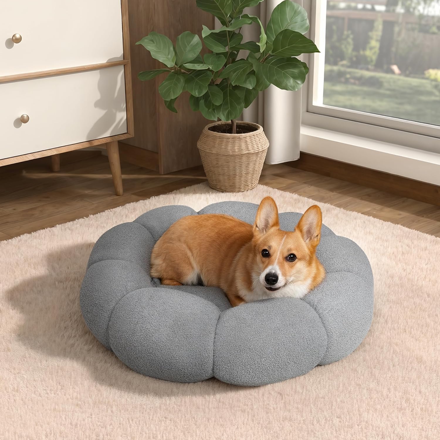 Pet Fluffy Flower Plush Donut Calming Bed