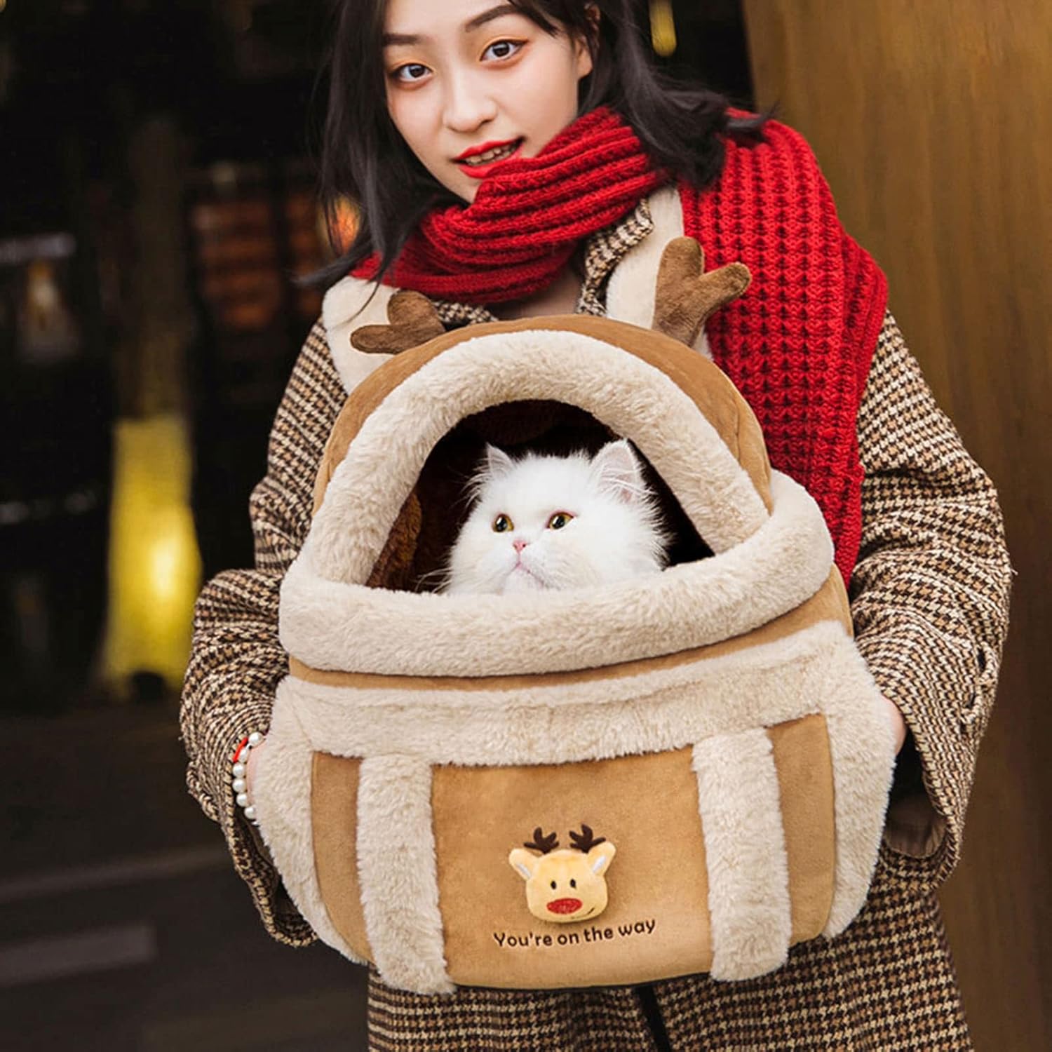 Pet Plush Reindeer Backpack Travel Carrier Bag