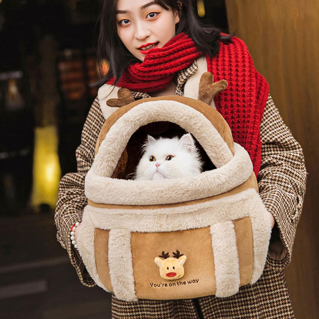 Pet Plush Reindeer Backpack Travel Carrier Bag