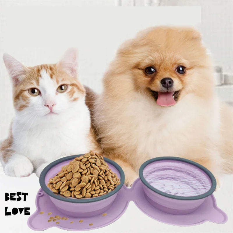 Portable Silicone Double Pet Feeding Bowl Foldable Non Slip Travel Design
