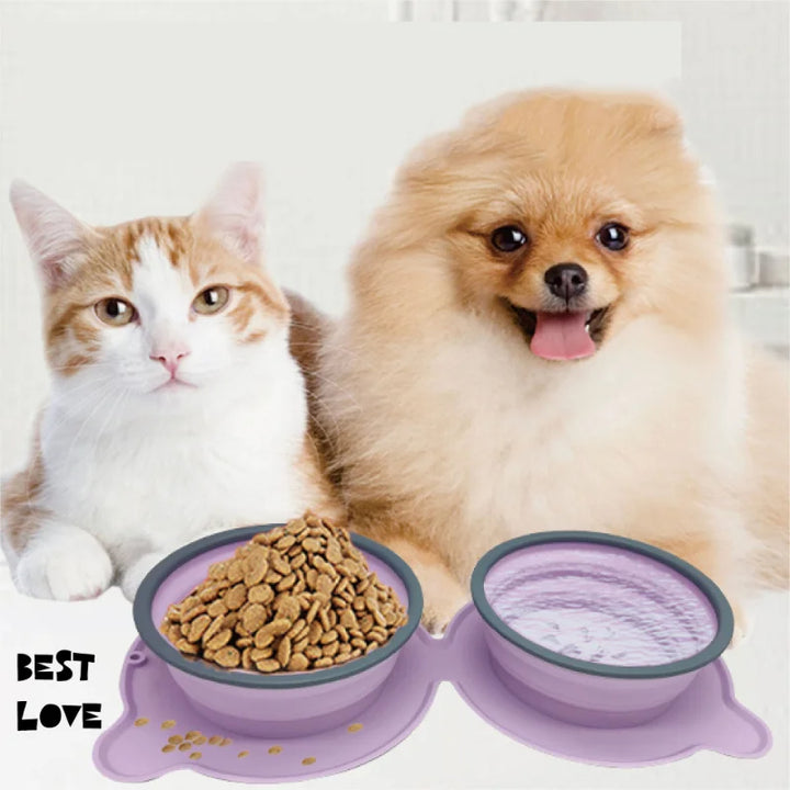 Portable Silicone Double Pet Feeding Bowl Foldable Non Slip Travel Design