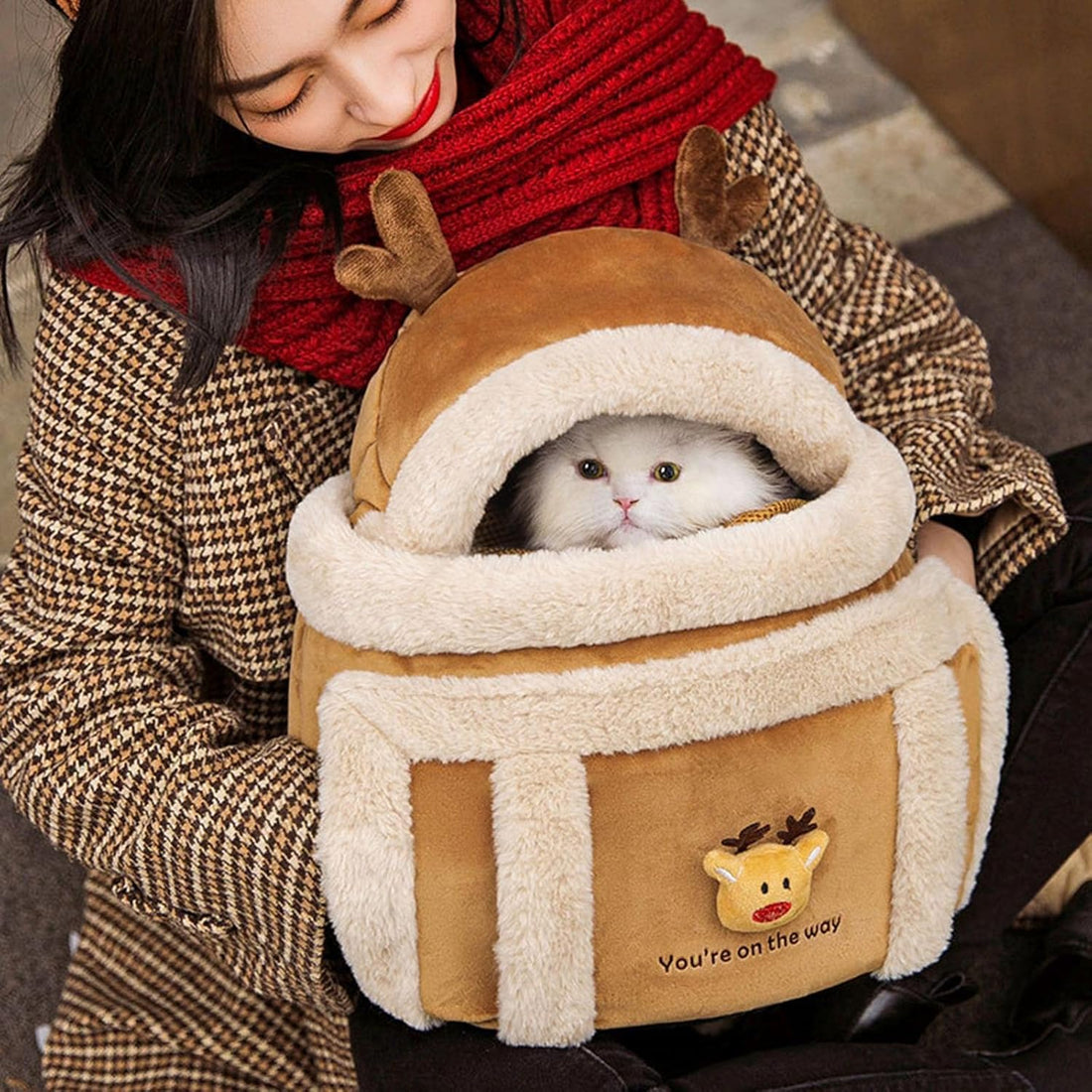 Pet Plush Reindeer Backpack Travel Carrier Bag