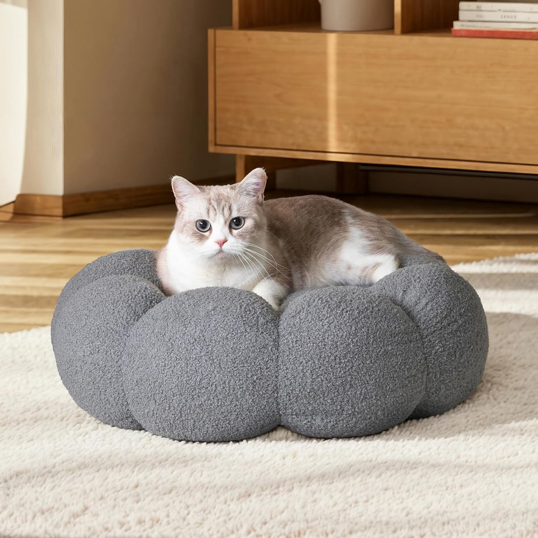 Pet Fluffy Flower Plush Donut Calming Bed